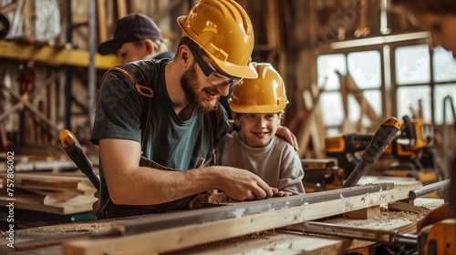 A cheerful adult carpenter in a workshop guides a young apprentice in woodworking. Both are wearing safety helmets, focusing on planing a wooden plank.
