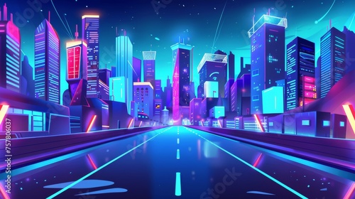 Future cyber high technology downtown with futuristic skyline and neon lights. Cartoon modern landscape of future cyber high technology downtown with empty highway and streetlights.