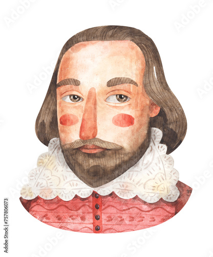 Obraz na płótnie Watercolor cartoon portrait of English author William Shakespeare isolated on wh