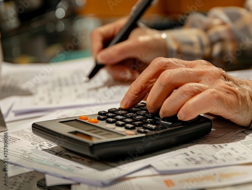 Elderly person managing budget, using calculator and pen on financial documents, close-up of hands.