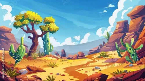 An illustration of a canyon desert landscape with a baobab tree and cacti. A modern cartoon illustration of rocky stones, yellow sandy soil with dry cracks, exotic plants and a sky with clouds in