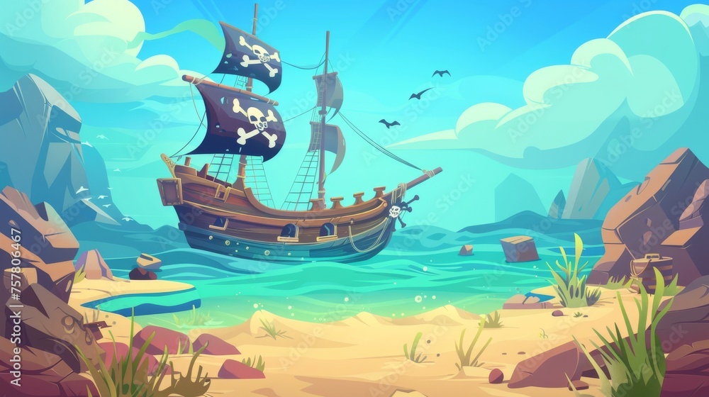 Cartoon illustration of a wrecked pirate ship laying on a sandy seabed, with jolly roger symbol on black sail, creating a background for a treasure hunt adventure game.