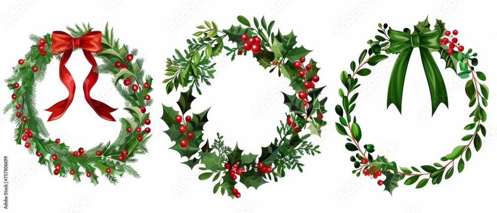 This is a cartoon modern illustration set of natural round holiday frames made of green plant twigs, green leaves, red berries, and ribbon bows. Round festive garland design. This is a cartoon modern illustration set of natural round holiday frames made of green plant twigs, green leaves, red berries, and ribbon bows. Round festive garland design.