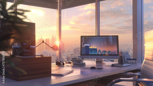 sunset in modern office interior, office indoor minimalist tech startup space with an open-plan design