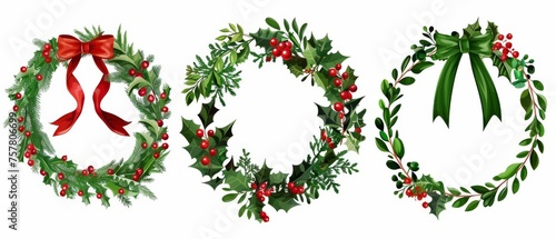 This is a cartoon modern illustration set of natural round holiday frames made of green plant twigs, green leaves, red berries, and ribbon bows. Round festive garland design.