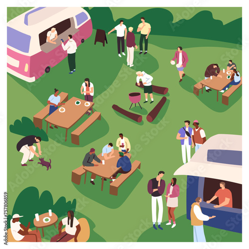 Street food festival in amusement park. People eating on picnic tables, do barbecue, communicate on funfair. Families, friends spend leisure time outdoor. Recreation event. Flat vector illustration