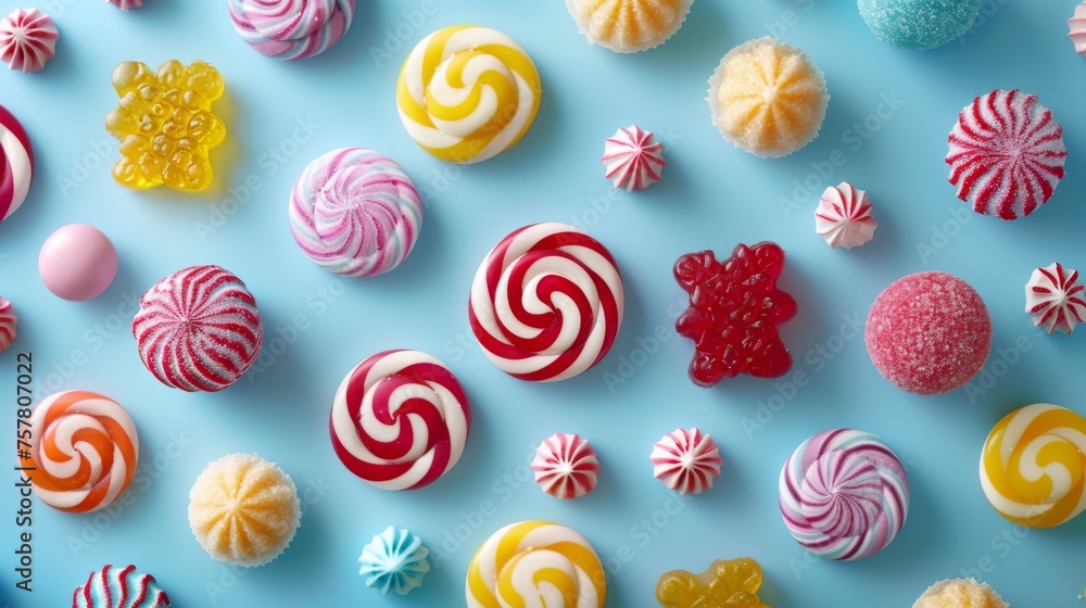 Selection of assorted Candies on blue background. Sweet treats. Top View. Sugar candy. Selection of assorted Candies on blue background. Sweet treats. Top View. Sugar candy.