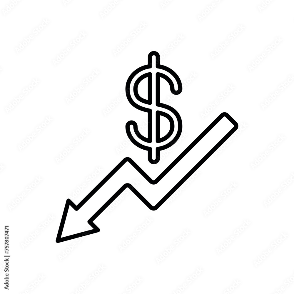 Dollar down icon vector illustration. Money decrease on isolated background. Cost reduction sign concept. Dollar down icon vector illustration. Money decrease on isolated background. Cost reduction sign concept.