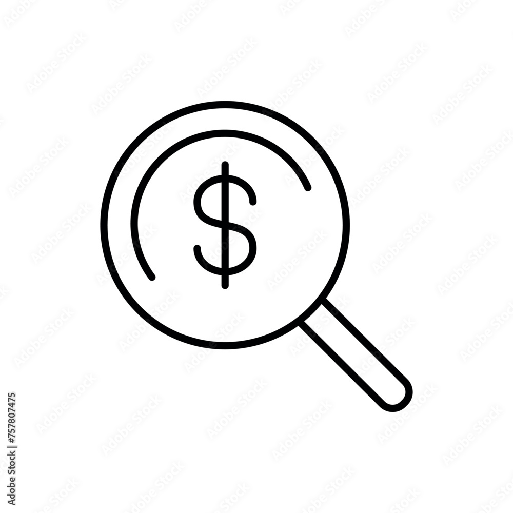 Money search icon vector illustration. Magnifying glass with dollar on isolated background. Research sign concept. Money search icon vector illustration. Magnifying glass with dollar on isolated background. Research sign concept.