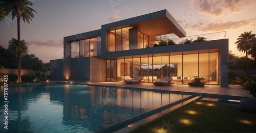 Minimalist luxury Sunset ambiance enhances the modern exterior of a cubic villa with a serene swimming pool © Hashim