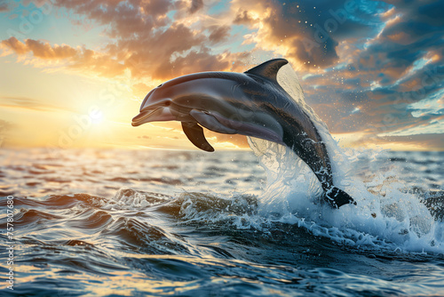 dolphin jumping out of water at sunrise