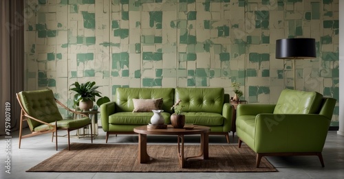 Modern living room with a touch of retro charm Light green leather sofa against the wall, creating a mid-century vibe © Hashim