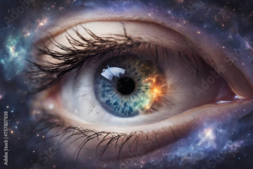Woman galaxy in eye and outer space, Cosmic Reflection in Woman's Eye, Astronomy and Beauty Concept Woman with Galaxy Eye © nazir