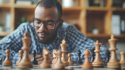 An afro-haired man dressed casually was playing chess in a quiet and bright room. His facial expression was full of concentration and focus as he thought about his next move in the game. photo