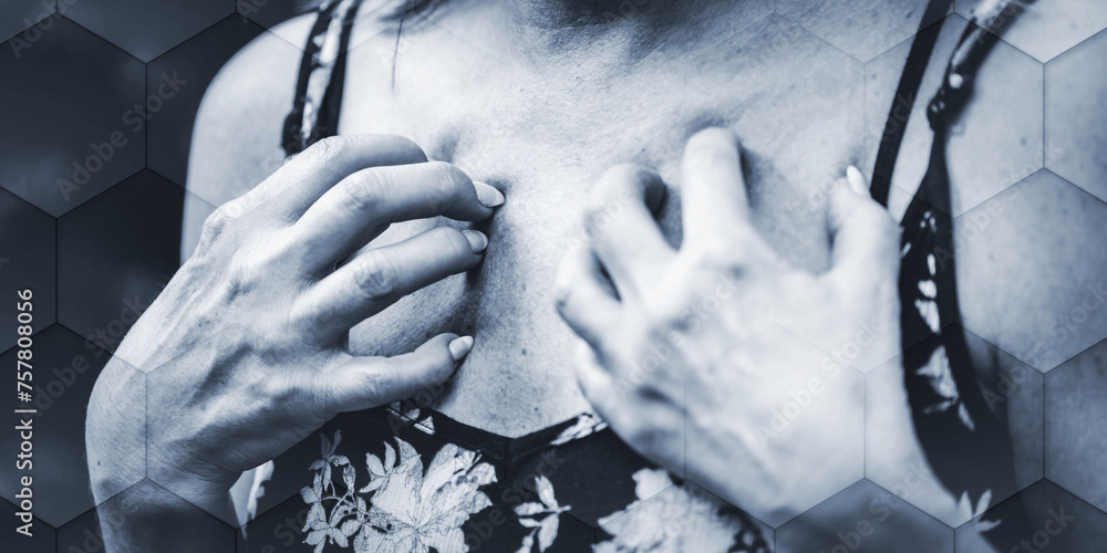 Woman scratching her chest, geometric pattern