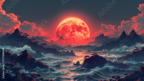 Abstract art banner design with moon element modern in Japanese style featuring red sunset and blue clouds.