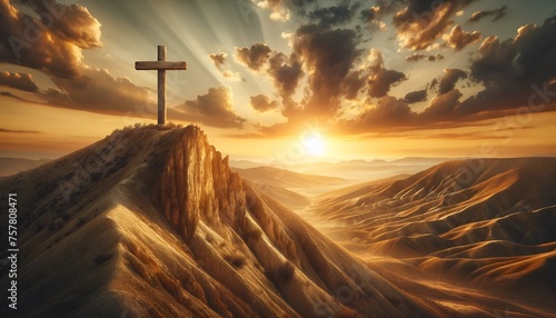 Realistic illustration of a wooden cross standing on a hill for good friday. photo
