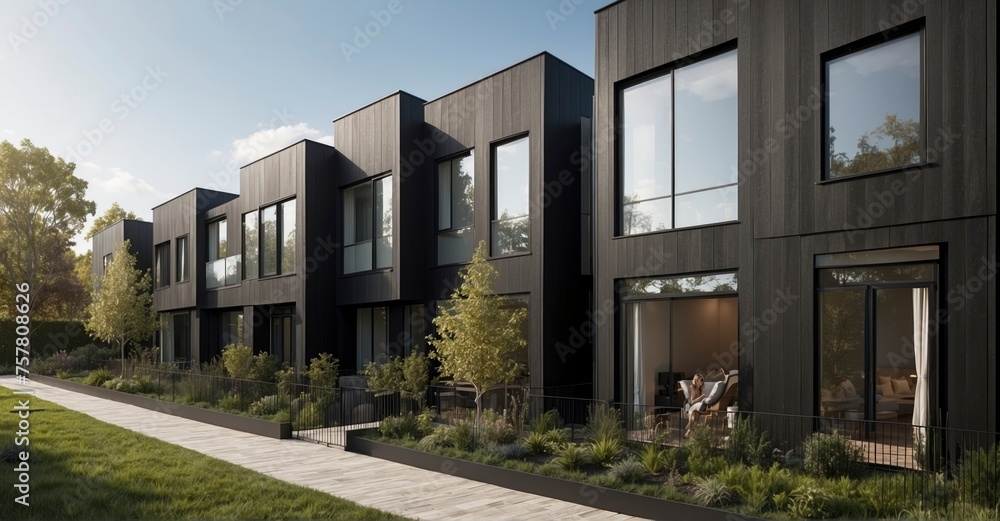 Residential innovation Private black townhouses with a modern modular design