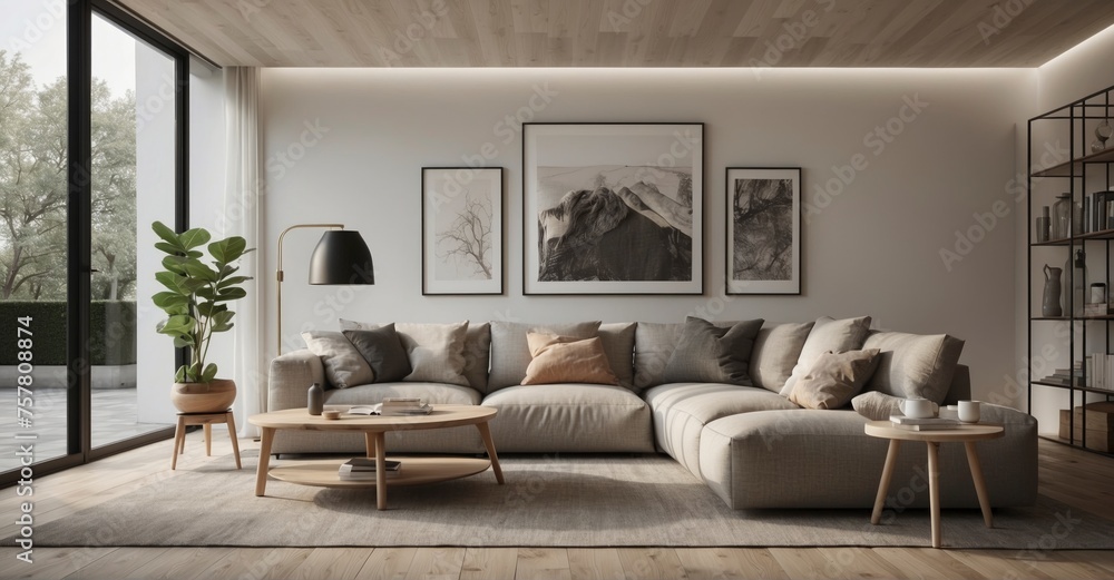 Scandinavian chic Modern living room with a curved loveseat against a white wall featuring frames Scandinavian chic Modern living room with a curved loveseat against a white wall featuring frames