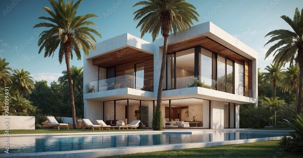 Stunning modern cubic villa exterior with a large pool, nestled among palm trees