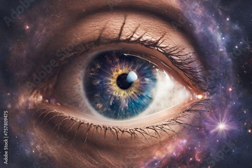 Woman galaxy in eye and outer space, Cosmic Reflection in Woman's Eye, Astronomy and Beauty Concept Woman with Galaxy EyeWoman galaxy in eye and outer space, Cosmic Reflection in Woman's Eye, Astronom © nazir