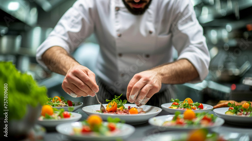 Focused chef meticulously garnishing organic salad dishes in a professional kitchen