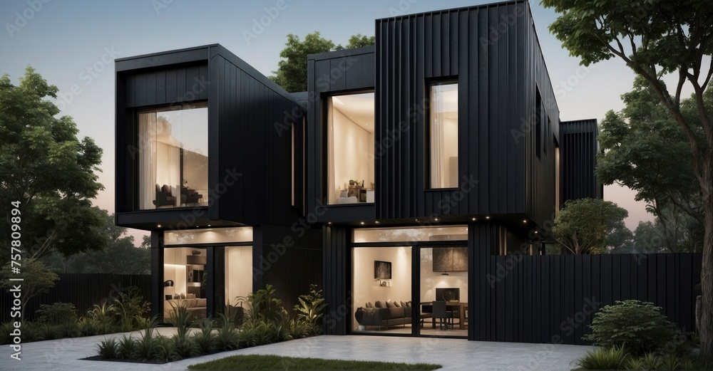 Fototapeta premium Townhouse elegance Private black residences with a modular flair, representing modern residential architecture