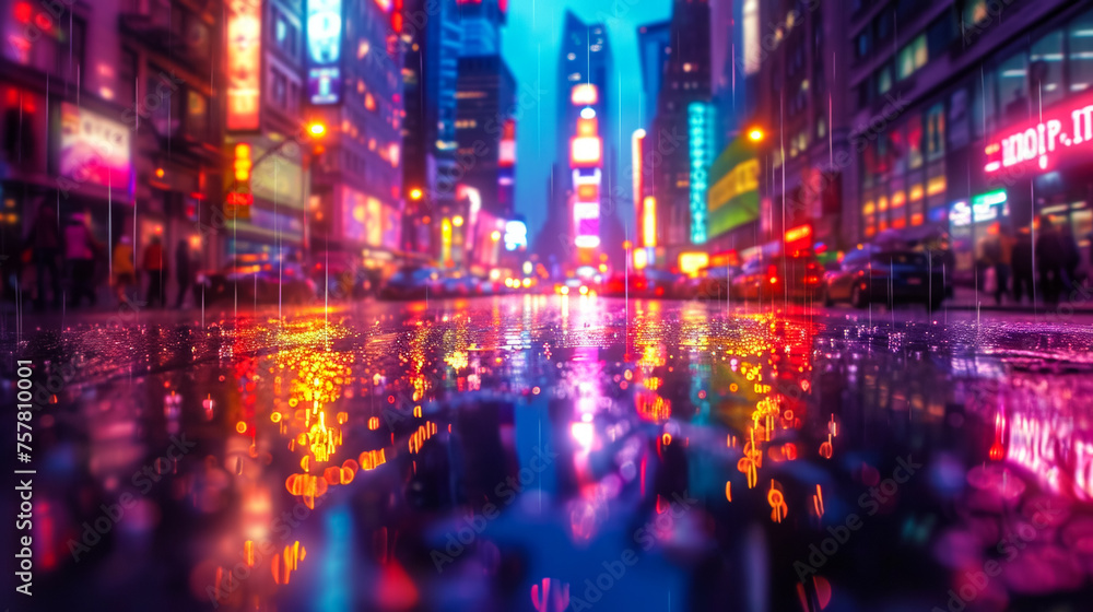 A rain shower transforms a city street into a canvas of reflected neon lights, each droplet a miniature prism, adding a surreal, magical dimension to the urban scenery