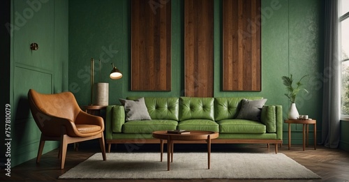 Vintage style interior Light green leather sofa positioned against a wall, offering a mid-century aesthetic in the modern living room
