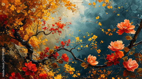 Vibrant Qajar art style abstract background with autumn colors