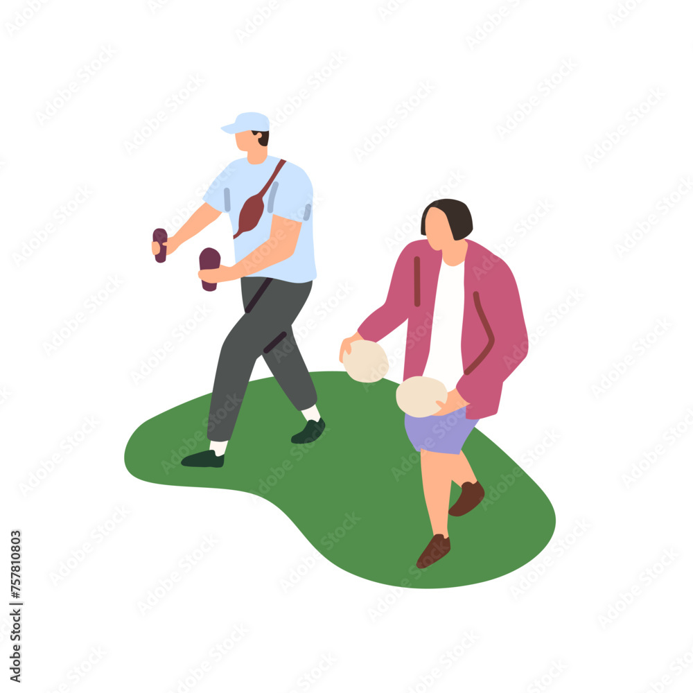 People go to setting table for summer picnic outdoors. Friends with plates, ice cream in hands. Characters carry refreshing drinks for barbecue in park. Flat isolated vector illustration on white People go to setting table for summer picnic outdoors. Friends with plates, ice cream in hands. Characters carry refreshing drinks for barbecue in park. Flat isolated vector illustration on white