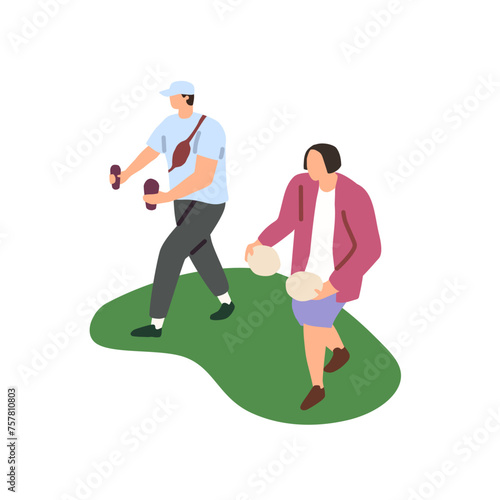 People go to setting table for summer picnic outdoors. Friends with plates, ice cream in hands. Characters carry refreshing drinks for barbecue in park. Flat isolated vector illustration on white