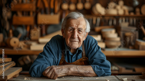 Senior craftsman in workshop posing with woodworking tools and creations