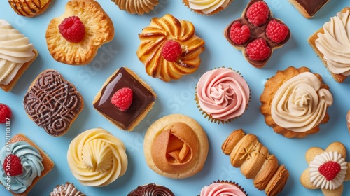 Group of assorted pastries isolated on blue background. Pastry, cakes, buns, biscuits, sweets.