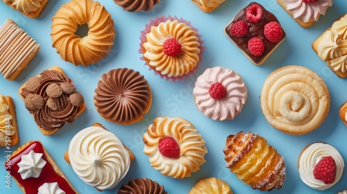 Group of assorted pastries isolated on blue background. Pastry, cakes, buns, biscuits, sweets.