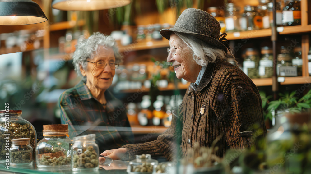 Senior friends enjoying a conversation in a legal marijuana dispensary