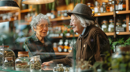 Senior friends enjoying a conversation in a legal marijuana dispensary