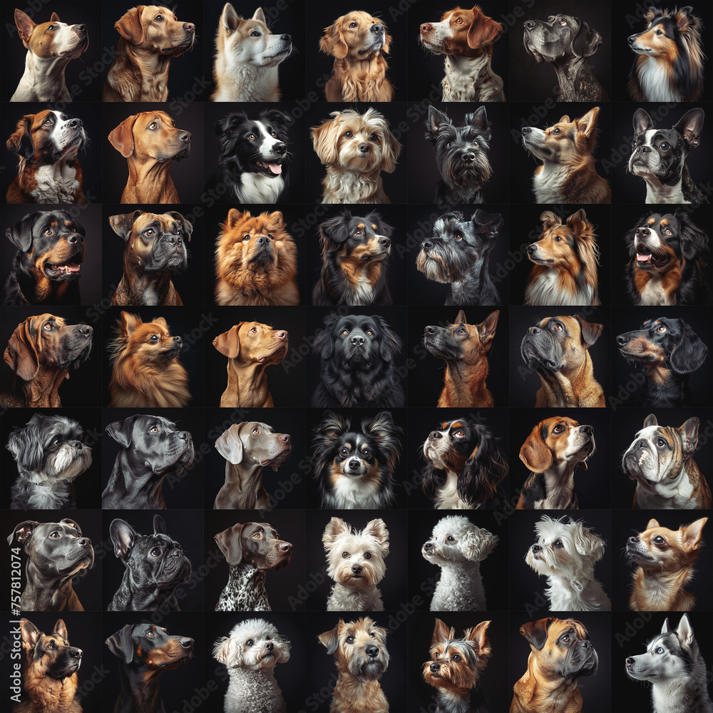 Square collage of dog portraits before black background