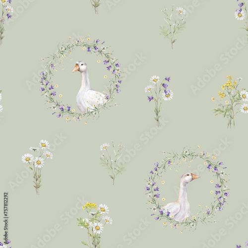Seamless pattern with wreath of buttercup and flower and bluebell. Domestic watercolor goose. Watercolor hand painting illustration on isolate. Circlet of meadow flowers. Botanical summer wildflowers.