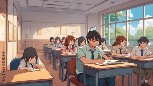 illustration of students sitting in a class being taught a language by their teacher