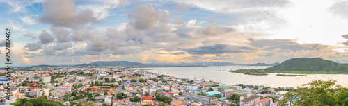 Panorama of Songkhla at sunset, Thailand. City scape of songkhla old town. View point from Tang Kuan Mountain.