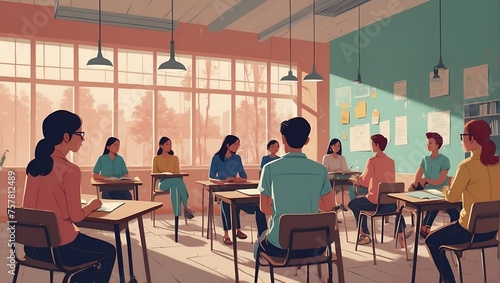 illustration of students sitting in a class being taught a language by their teacher