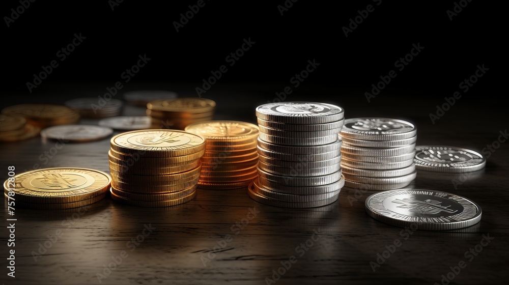 Glowing stack of coins on minimalistic studio background with dramatic lighting, free copy space Glowing stack of coins on minimalistic studio background with dramatic lighting, free copy space