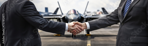 Politician and businessman shake hands over an arms transaction. Buying fighter jets. Big money is spent on war. Trillions of dollars go to military and homeland security companies around the world. photo