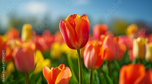 A vibrant red tulip in close-up, symbolizing spring's arrival,ai generated #757812877