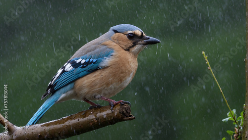 A blue jay is perched on a branch in the rain. © Noman