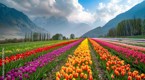 Vibrant tulip fields with colorful rows under a mountainous backdrop,ai generated