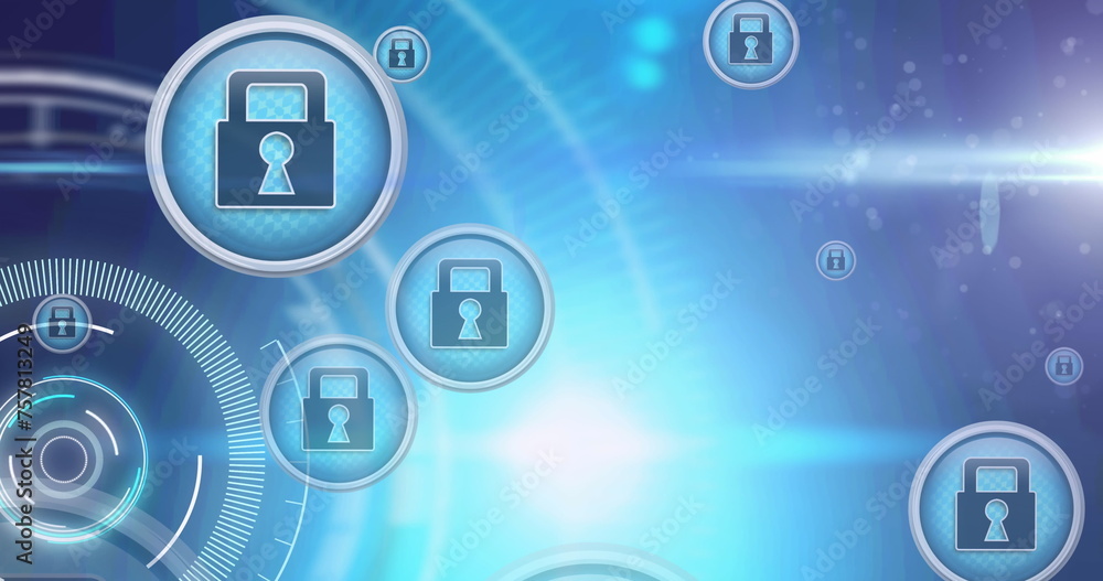 Image of network with online security padlock icons with scope scanning Image of network with online security padlock icons with scope scanning