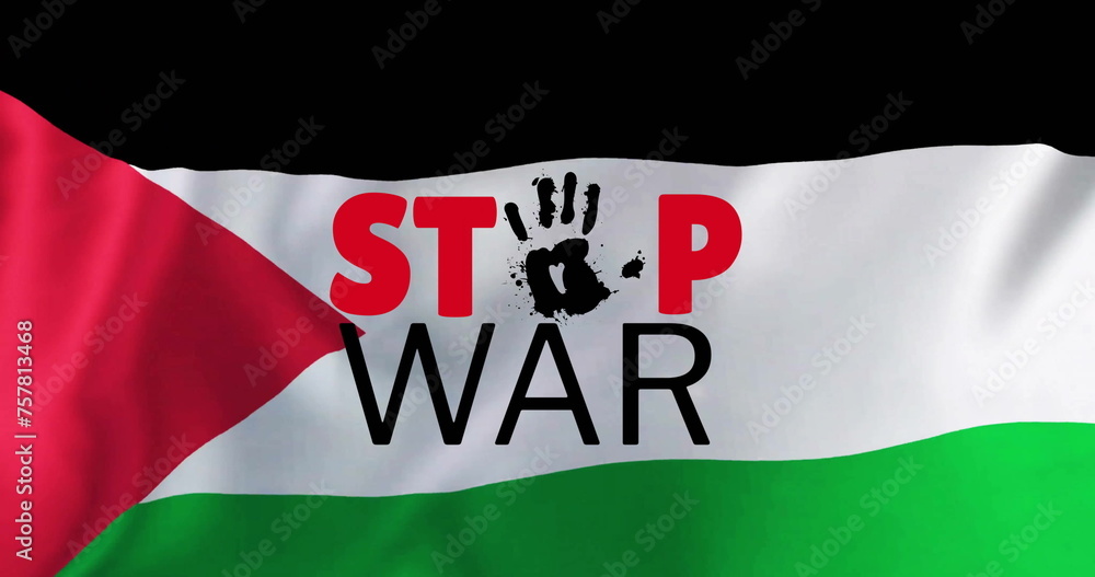 Fototapeta premium Image of stop war text over flag of palestine