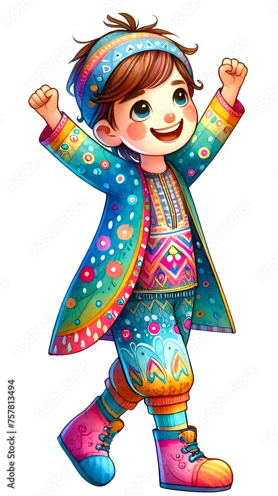 A cute boy laughing and raising his hands wearing a colorful, stylish shirt.